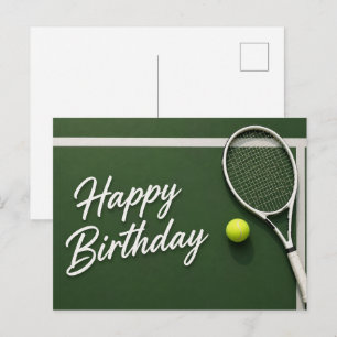 Tennis ball with Happy Birthday on court Postcard