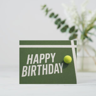 Tennis ball with Happy Birthday on court Postcard