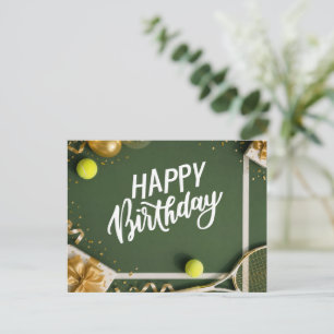 Tennis ball with Happy Birthday on court Postcard