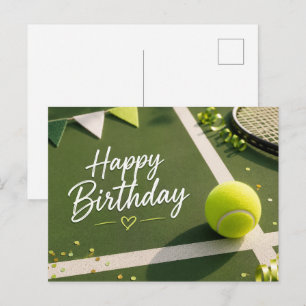 Tennis ball with Happy Birthday   on court Postcard