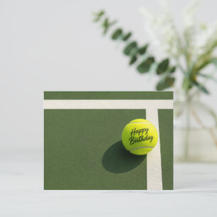 Tennis ball with Happy Birthday on court Postcard