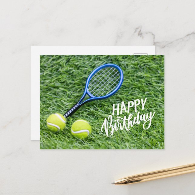 Tennis ball with Happy Birthday  on green grass Postcard (Front/Back In Situ)