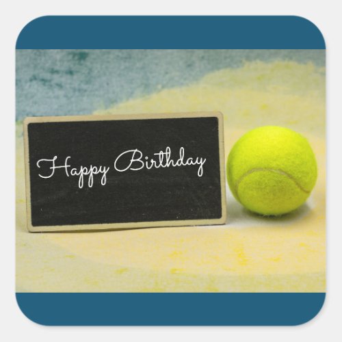 Tennis ball with happy birthday sign square sticker