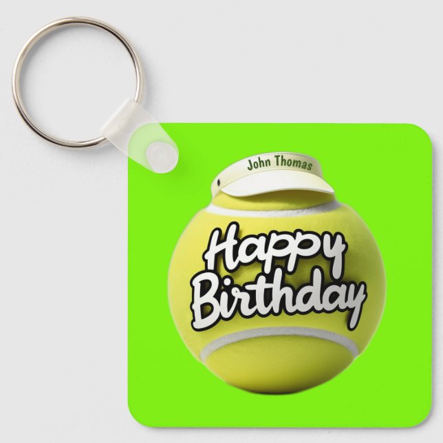 Tennis ball with happy birthday wearing visor keychain (Front)