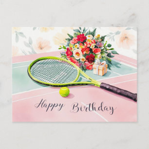 Tennis ball with happy birthday word on green postcard