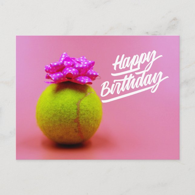 Tennis ball with happy birthday word on pink  post postcard (Front)