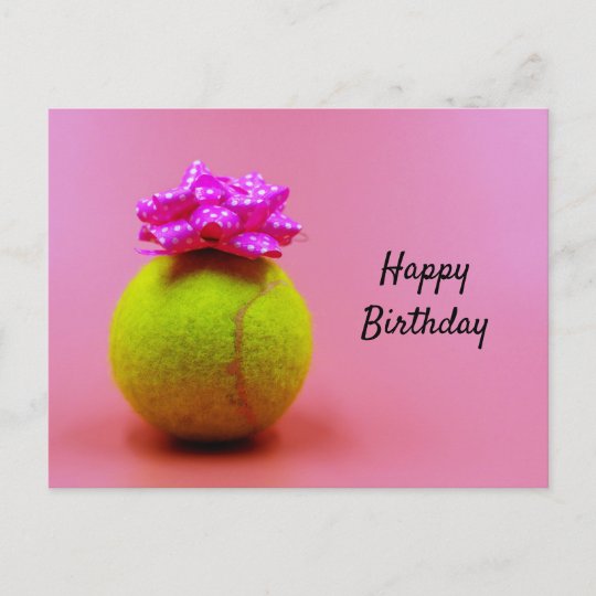 Tennis ball with happy birthday word on pink postcard