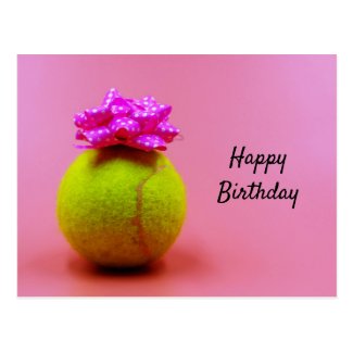 Tennis ball with happy birthday word on pink postcard