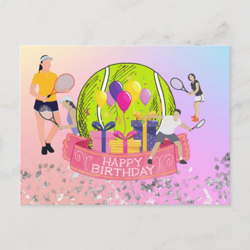 Tennis ball with happy birthday word on rainbow postcard