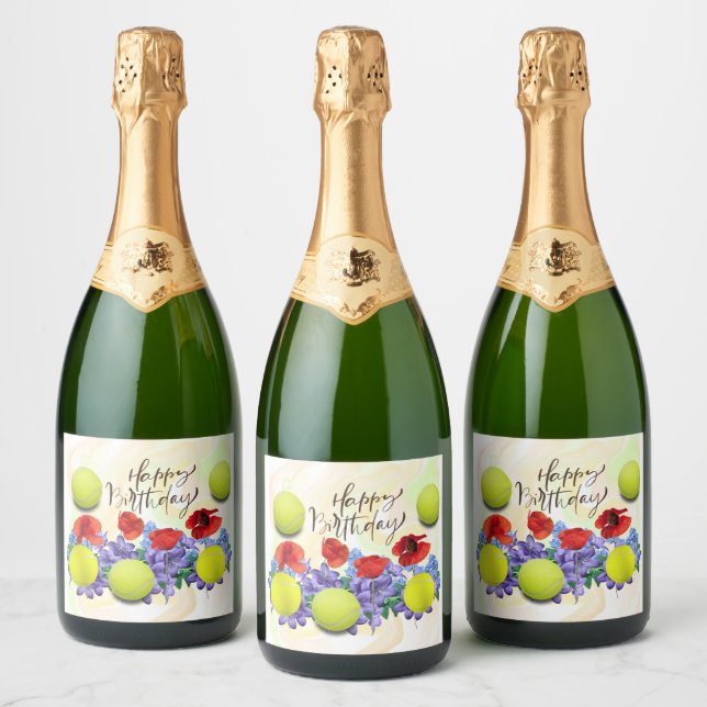 Tennis ball with lots of flower for birthday    sparkling wine label (Bottles)