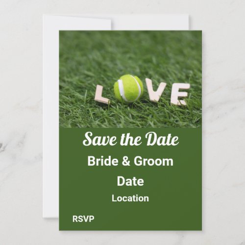 Tennis ball with love letter word on green grass invitation