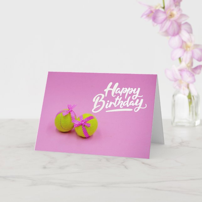 Tennis ball with pink ribbon on pink birthday  card (Orchid)