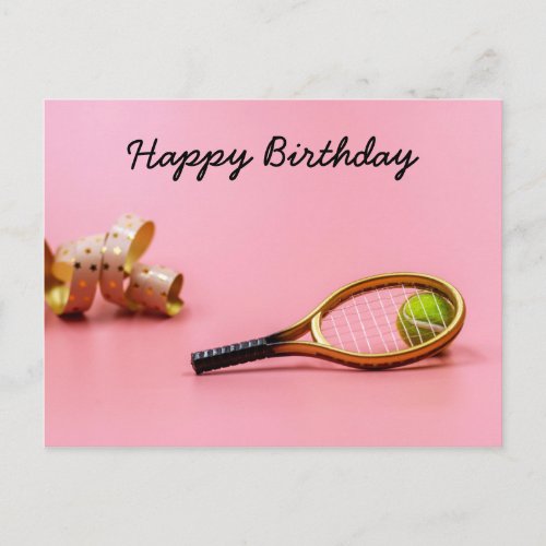 Tennis ball with racket on pink birthday postcard