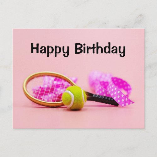 Tennis ball with racket on pink pastel birthday  postcard