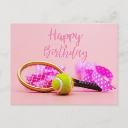 Tennis ball with racket on pink pastel birthday  postcard