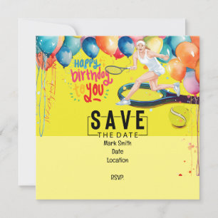 Tennis ball with racket on yellow Birthday Invitation