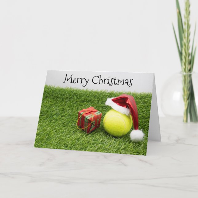 Tennis ball with Santa hat Christmas Holiday Card (Front)