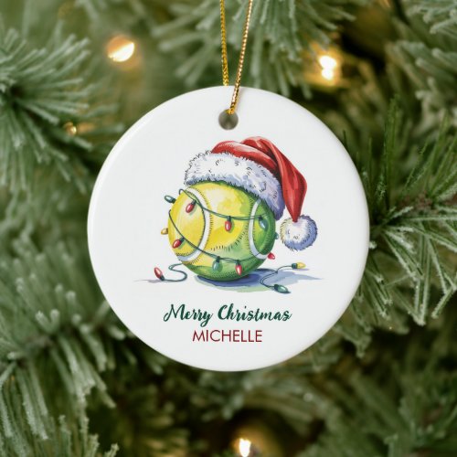 Tennis Ball with Santa Hat Custom Christmas       Ceramic Ornament
