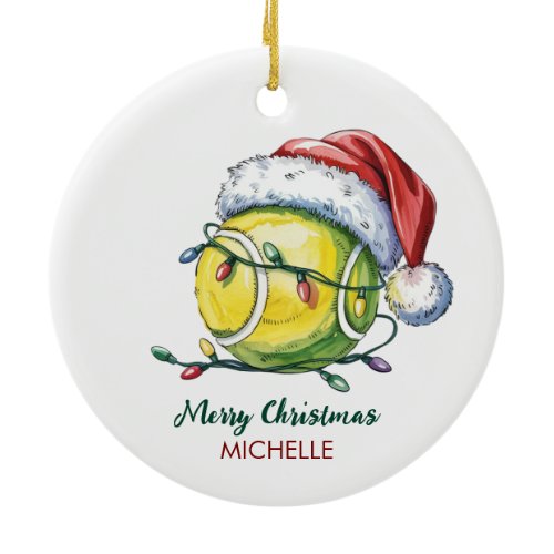 Tennis Ball with Santa Hat Custom Christmas       Ceramic Ornament