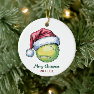 Tennis Ball with Santa Hat Custom Christmas Ceramic Ornament