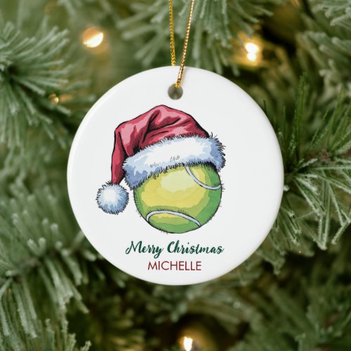Tennis Ball with Santa Hat Custom Christmas       Ceramic Ornament
