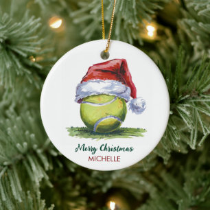 Tennis Ball with Santa Hat Custom Christmas Ceramic Ornament