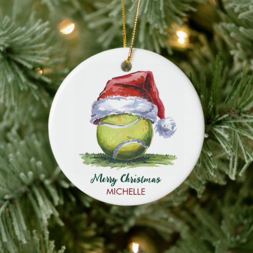 Tennis Ball with Santa Hat Custom Christmas       Ceramic Ornament