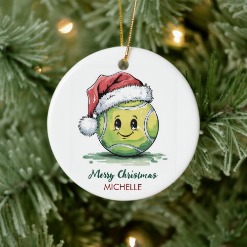 Tennis Ball with Santa Hat Custom Christmas       Ceramic Ornament