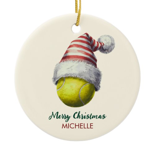 Tennis Ball with Santa Hat Custom Christmas       Ceramic Ornament
