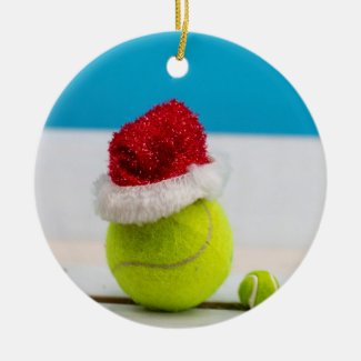 Tennis ball with Santa hat for Christmas Holiday Ceramic Ornament