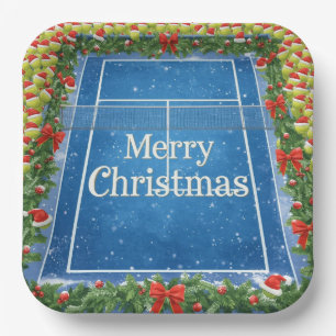 Tennis ball with Santa Hat on the court Christmas Paper Plates
