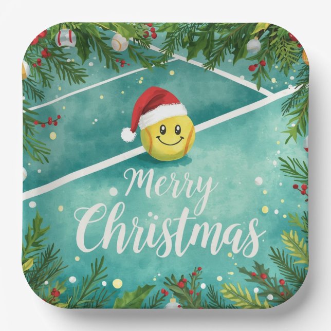 Tennis ball with Santa Hat on the court Christmas  Paper Plates (Front)