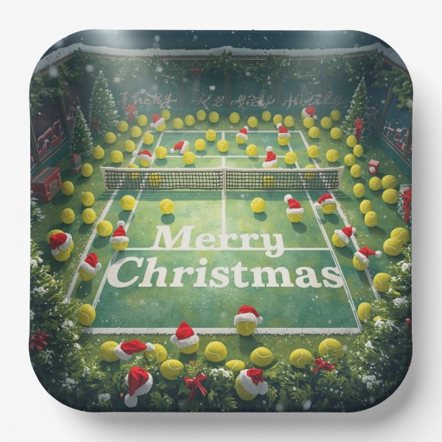 Tennis ball with Santa Hat on the court Christmas  Paper Plates (Front)