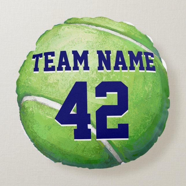 Tennis Ball with Team Name and Number Round Pillow (Front)