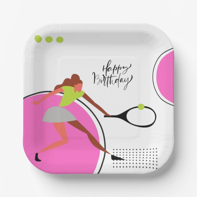 Tennis ball with Woman player birthday   Paper Plates (Front)