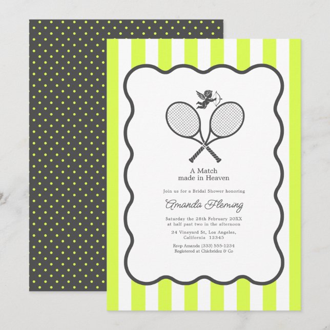 Tennis Ball Yellow & Charcoal Preppy Bridal Shower Invitation (Front/Back)