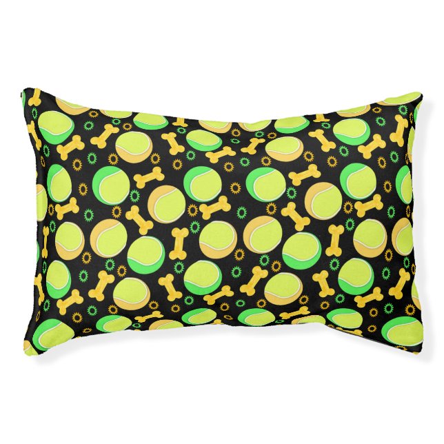 Tennis Balls and Dog Bones Over Black Pet Bed (Front)
