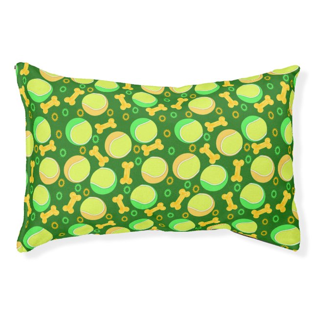 Tennis Balls and Dog Bones Over Green Pet Bed (Front)