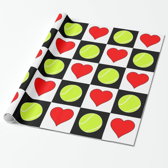 Tennis Balls and Hearts Black & White Checkered Wrapping Paper (Unrolled)