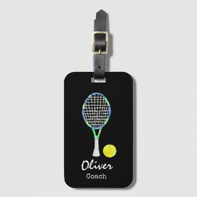 Tennis balls and racket on black bag tag (Front Vertical)