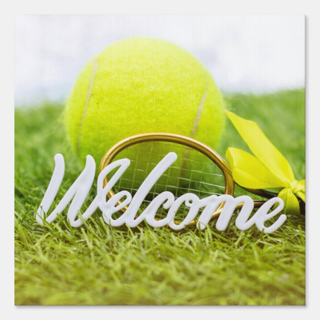 Tennis balls and rackets welcome word on green sign (Front)