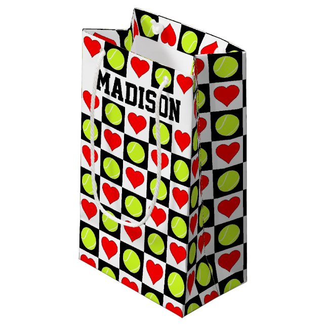 Tennis Balls & Hearts Custom Player or Team Name Small Gift Bag (Front Angled)