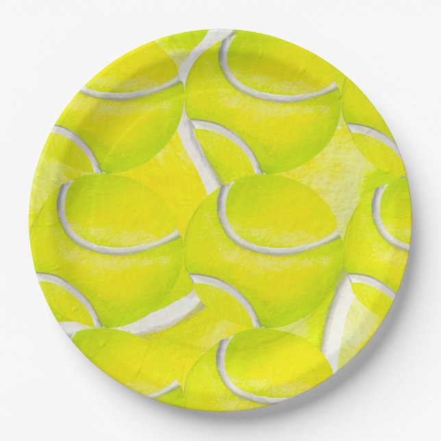 Tennis balls on yellow background for party  paper plates (Front)