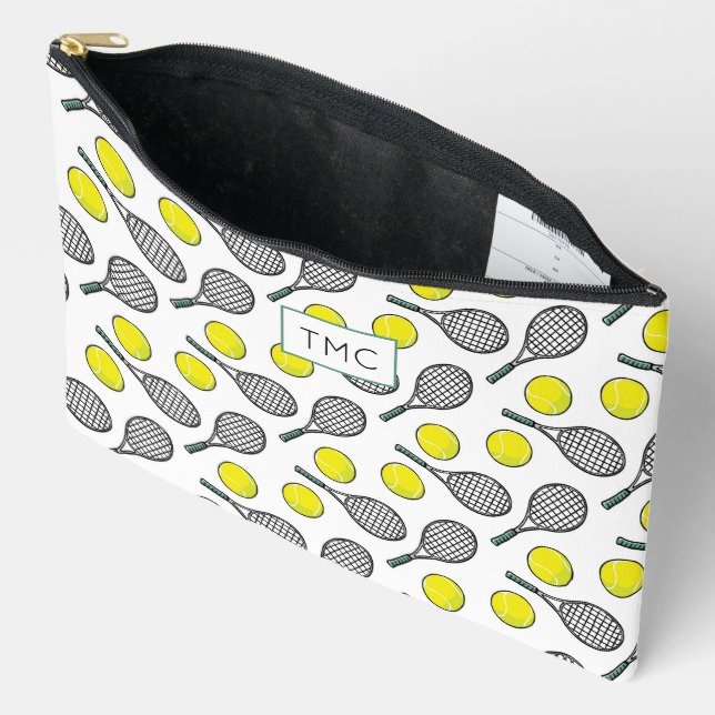 Tennis Balls Racquets Pattern INITIALS Sports Fun Accessory Pouch (Open)