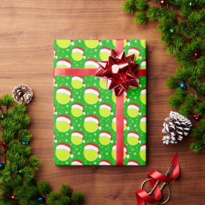 Tennis Balls Santa's Hat &amp; Snowflakes Light Green Wrapping Paper
