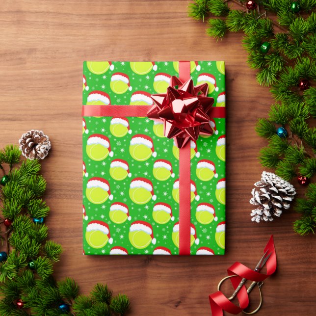 Tennis Balls Santa's Hat & Snowflakes Light Green Wrapping Paper (Holiday Gift)