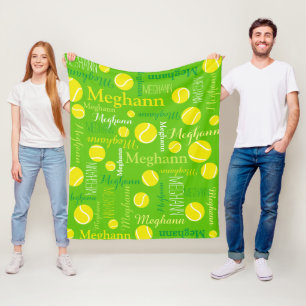 Tennis balls sports yellow, green custom name fleece blanket