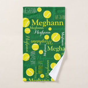 Tennis balls sports yellow, green custom name hand towel 