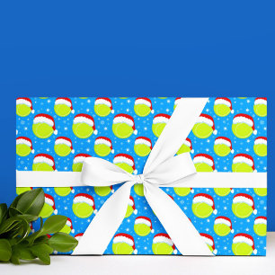 Tennis Balls Wear Santa's Hat & Snowflakes Blue Wrapping Paper