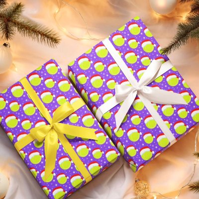 Tennis Balls Wear Santa's Hat &amp; Snowflakes Purple Wrapping Paper